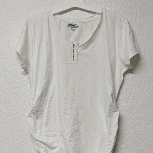 Oh! Mamma Maternity White V-Neck Short Sleeves Ruched-Hem Top Shirt - Large